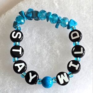 Handmade "Stay Wild" bracelet stretch blue black white inspirational friendship